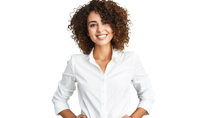 Beautiful young woman with curly hair standing and smiling isolated on transparent background PNG.
