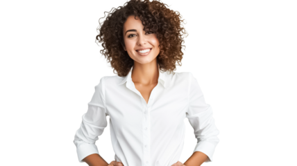 Beautiful young woman with curly hair standing and smiling isolated on transparent background PNG.
