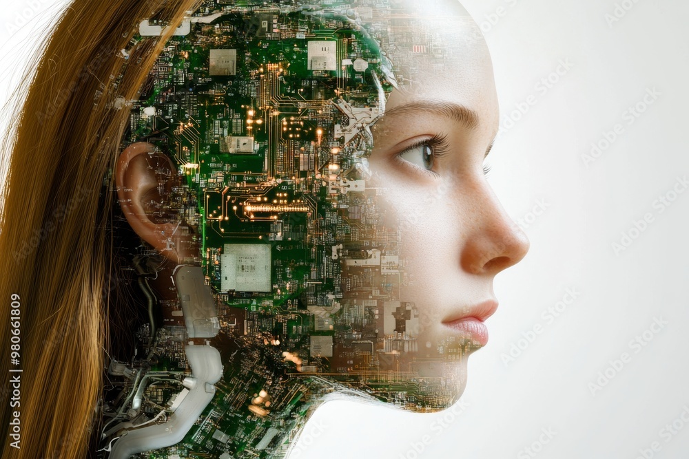Poster portrait of a young woman with half of her face showing digital circuitry symbolizing the merging of