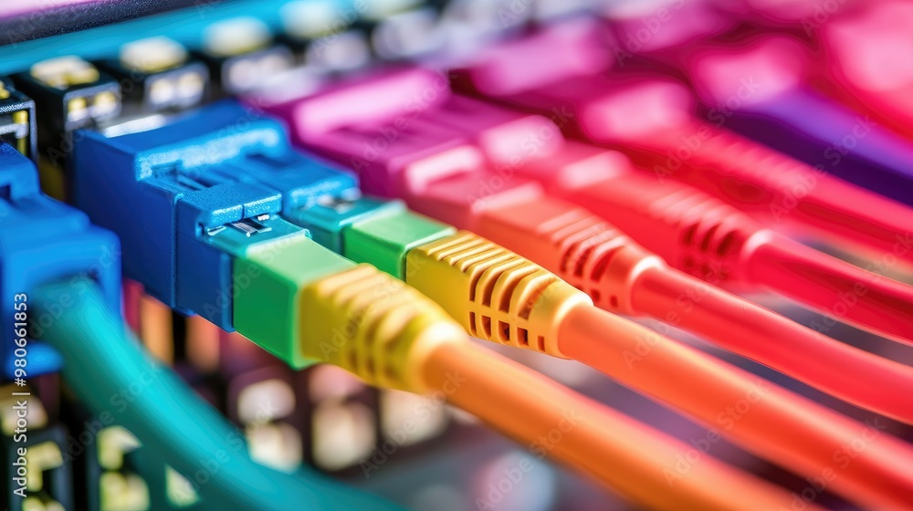 Aufkleber color-coded ethernet cables leading into a switch, showcasing the backbone of network infrastructure