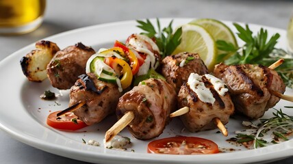 Tasty Delicious grilled skewer Souvlaki meat meal