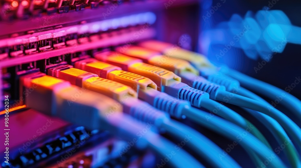 Poster color-coded ethernet cables leading into a switch, showcasing the backbone of network infrastructure