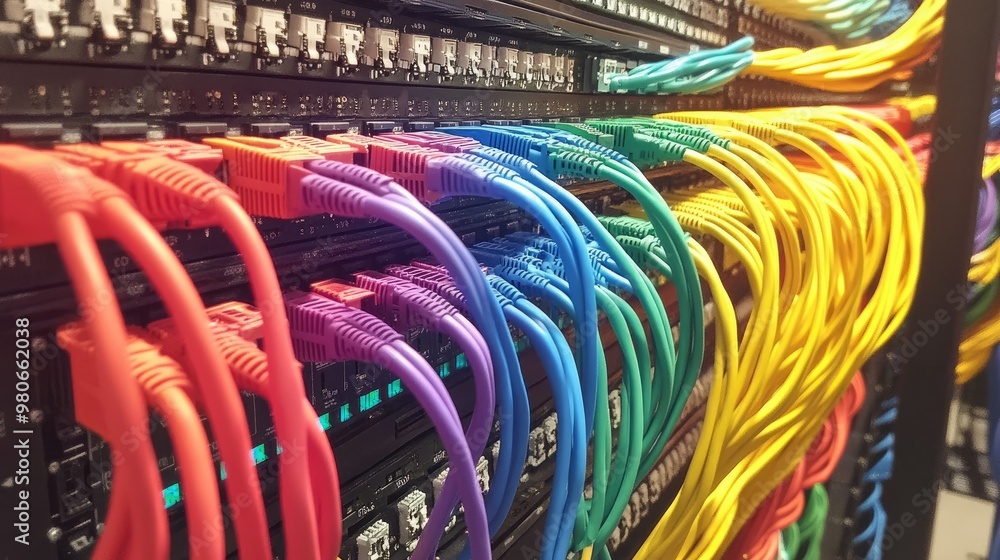 Poster color-coded ethernet cables leading into a switch, showcasing the backbone of network infrastructure