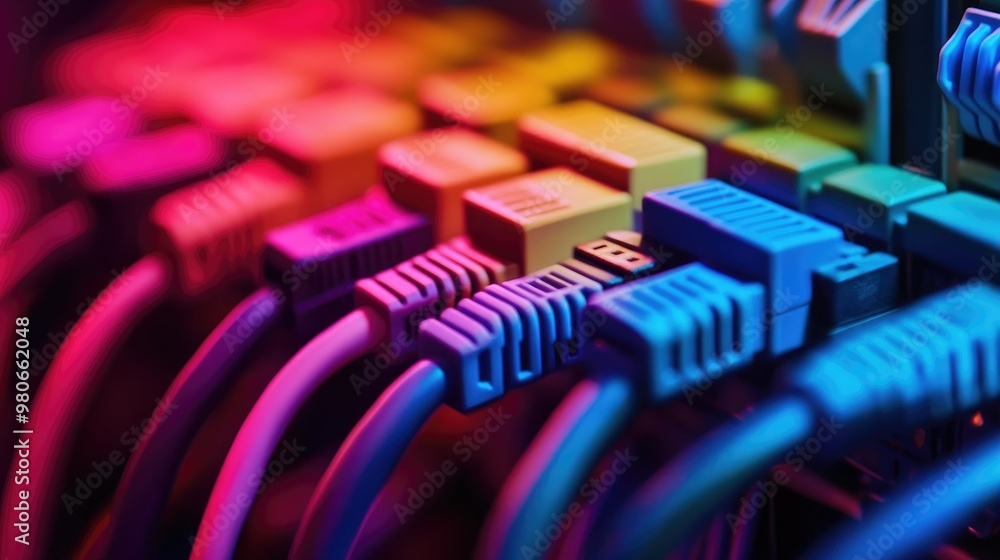 Poster color-coded ethernet cables leading into a switch, showcasing the backbone of network infrastructure