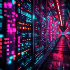 Obraz premium High-frequency trading servers with complex data flows and fluctuating numbers displayed in neon colors, [data center trading], [HFT technology]