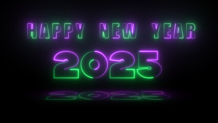 Glowing neon text happy new year 2025. Abstract neon 2025 Happy New Year digital banner background.
