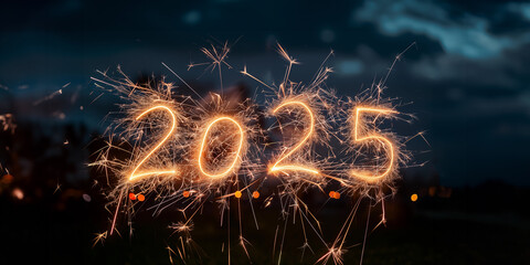 2025 written with sparkler firework, new year greeting card or header