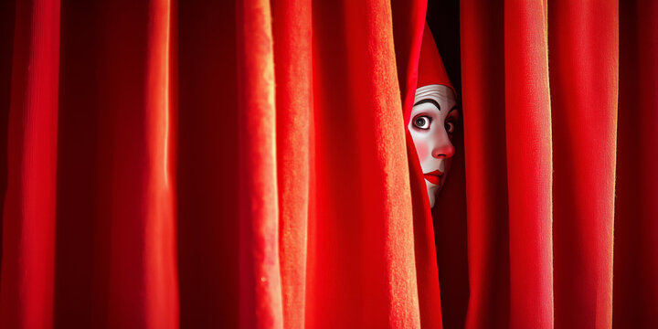 Circus actor in makeup peeks out from behind a red curtain, before a performance, copyspace