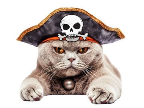 British Shorthair cat lying down in Halloween pirate costume isolated on transparent background PNG