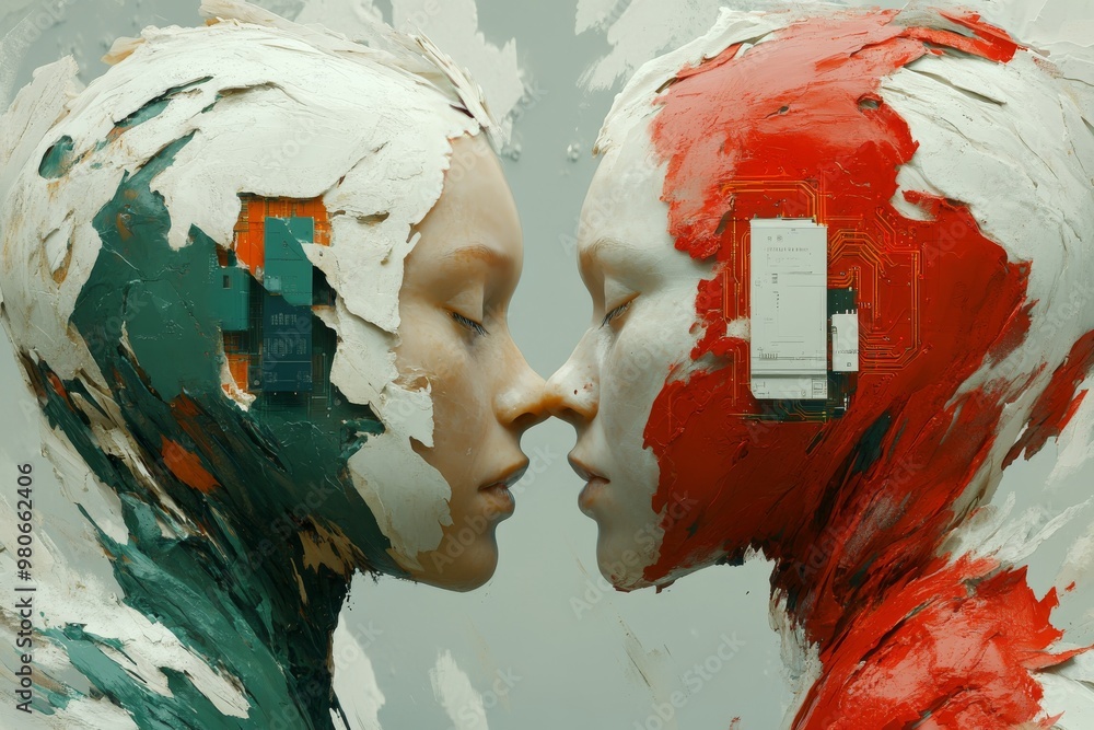 Poster abstract portrait of two human faces one red and one green intertwined with digital circuitry symbol