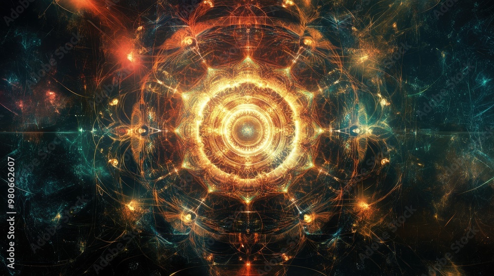 Poster tech-driven sacred indian geometry on a digital canvas, with space for belief messaging