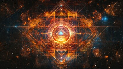 Obraz premium Tech-infused sacred Indian geometry on a digital canvas, with room for messaging on technology beliefs.