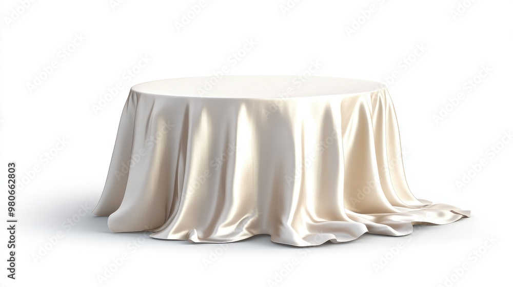 Poster draped tablecloth with soft folds, covering a table isolated on a plain white background for a dinin