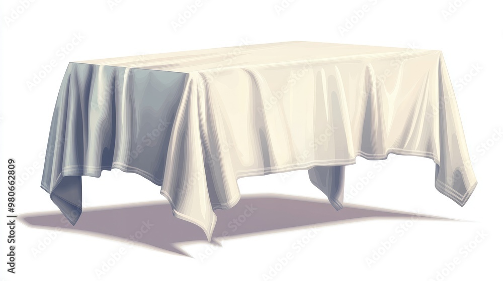 Poster draped tablecloth with soft folds, covering a table isolated on a plain white background for a dinin