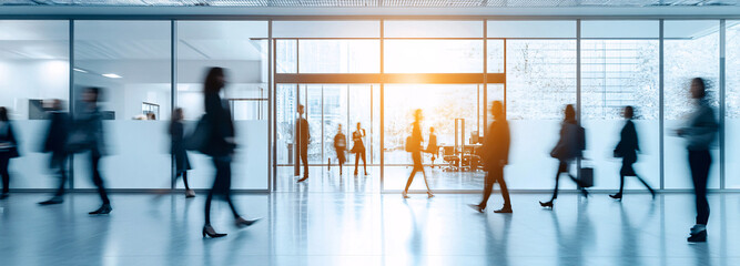business people walking in the corridor of an business center, pronounced motion blur, crowded bright modern light office movement defocused. office background busy. talking and rushing in the lobby.