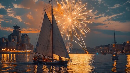 Small Sailboat, white sails on the sea in front of a city, fireworks on night time. Generative AI.