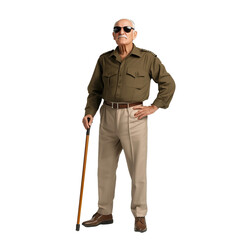 Elderly man with cane in military uniform isolated on transparent background