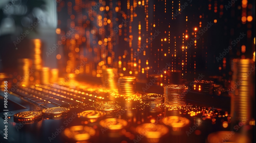 Poster abstract golden coins and investment charts floating around a financial advisor workspace, glowing a