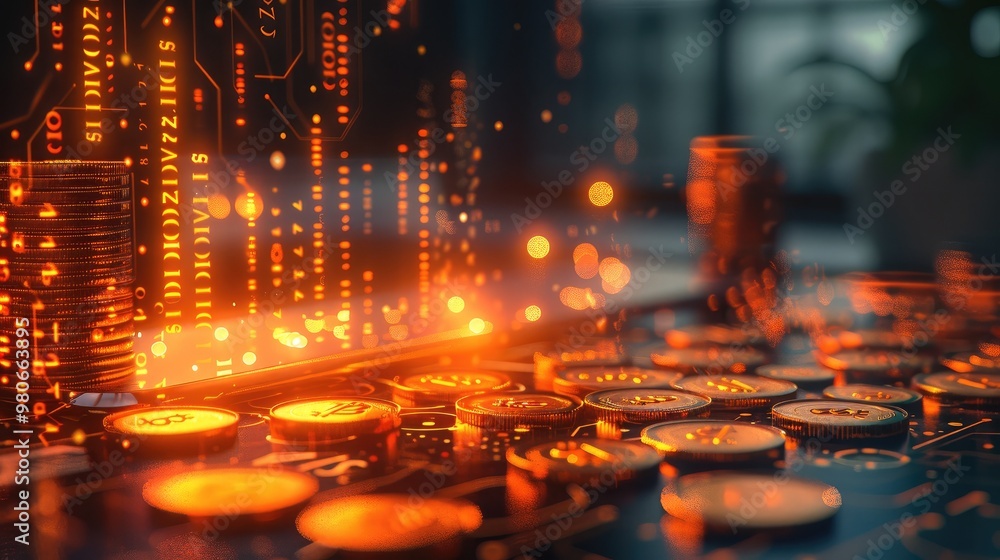 Poster abstract golden coins and investment charts floating around a financial advisor workspace, glowing a