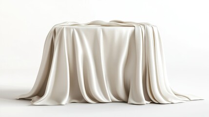 Elegant tablecloth draped on a table, isolated against a white background, emphasizing smooth fabric texture.