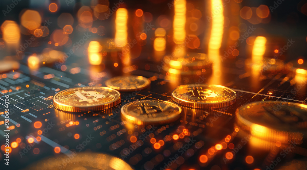 Poster abstract golden coins and investment charts floating around a financial advisor workspace, glowing a