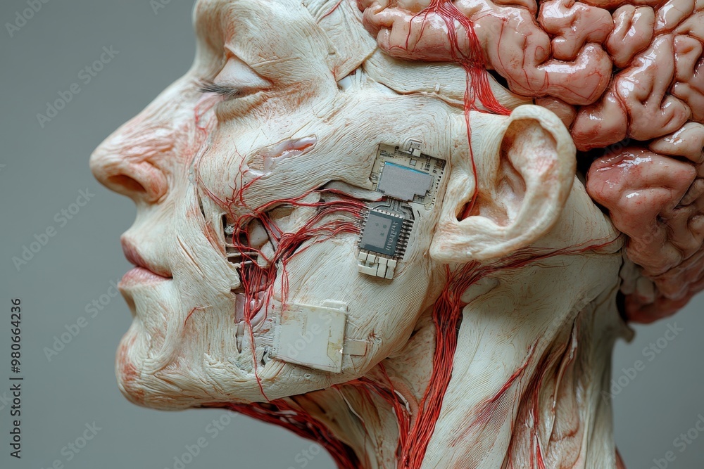Poster anatomical close up of a human head with exposed muscles and digital brain components symbolizing th