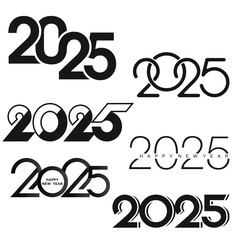 Minimalistic 2025 Happy New Year text designs in black and white. Vector illustration