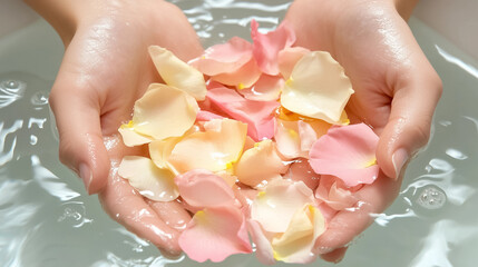 Cupped hands holding delicate pink and yellow rose petals over water, evoking a serene spa ambiance, ideal for relaxation and luxury self-care, with soft lighting adding to the tranquil environment.