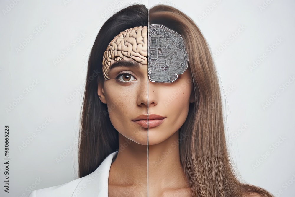 Poster portrait of a woman with half her head revealing neural circuits symbolizing the merging of artifici