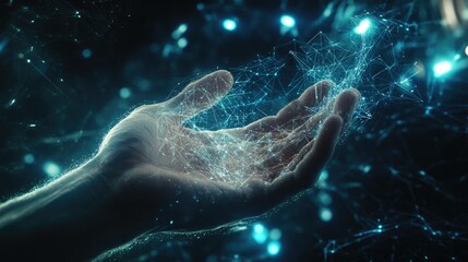 Hand connecting with a virtual metaverse, a concept illustrating the evolution of technology and the digital universe.