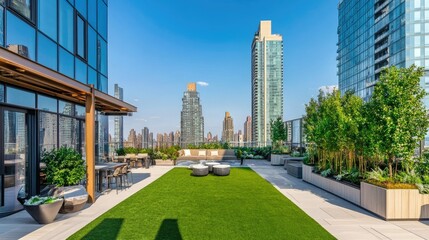 High-rise rooftop garden with a lush lawn, trees, and outdoor seating, offering a panoramic view of city buildings and the open sky.