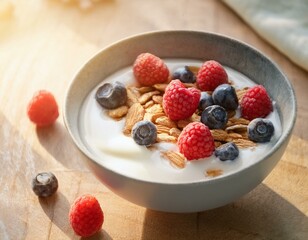 Bowl of healthy muesli with yogurt and fresh berries. ai generated