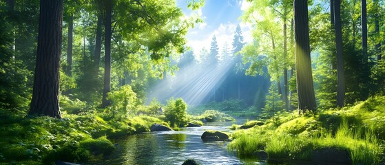 A serene forest scene with sunlight filtering through trees, illuminating a peaceful stream and lush greenery.