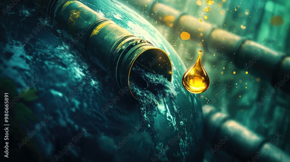 Wall mural Illustration of oil production pipes polluting the planet, with a single drop of oil left, symbolizing the depletion of natural resources