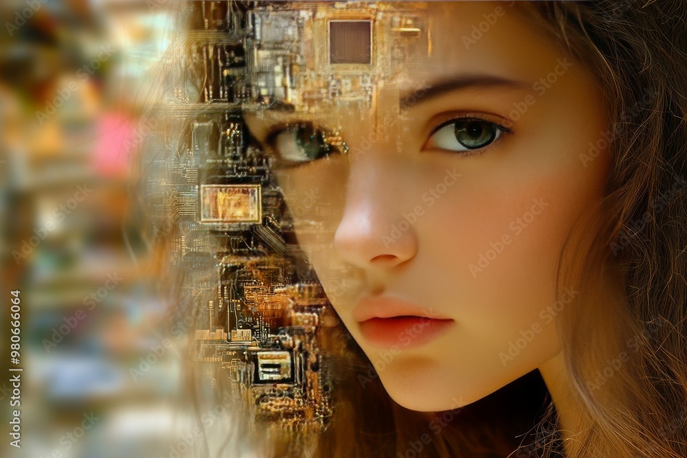 Poster close up of a woman with neural circuits and digital elements blending with her face symbolizing the