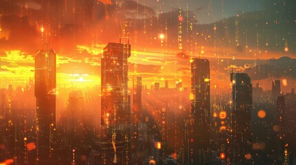 Binary code overlaid on a cityscape during sunset, symbolizing digital transformation