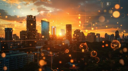 Binary code overlaid on a cityscape during sunset, symbolizing digital transformation