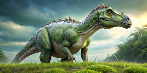 Obraz premium A green and gray dinosaur with a distinctive bump on its head proudly stands at attention on the