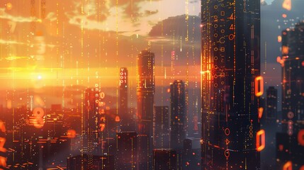 Binary code overlaid on a cityscape during sunset, symbolizing digital transformation