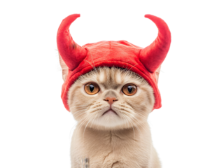 Scottish Fold Persian cat sitting in Halloween evil horn hatwear costume isolated on transparent background PNG