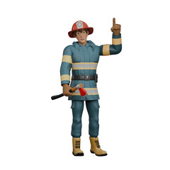 Firefighter in 3D. A firefighter stands with his right hand holding an ax while his left hand points upwards. Male Professional