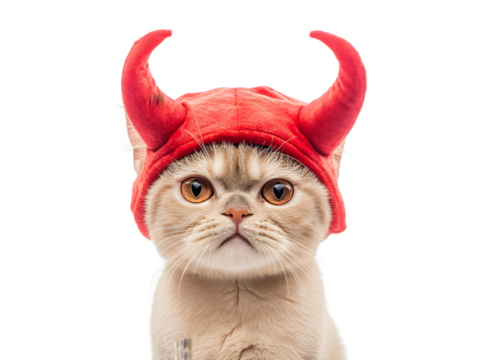 Scottish Fold Persian cat sitting in Halloween evil horn hatwear costume isolated on transparent background PNG