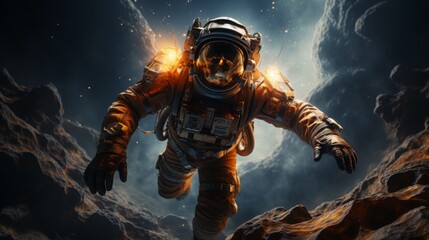 Astronaut floats in the vastness of outer space during a mission in zero gravity