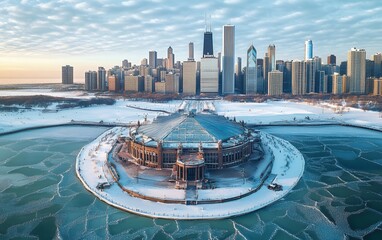 Fototapeta premium A snowy cityscape with a large building on an island in the foreground. The city skyline is visible in the background.