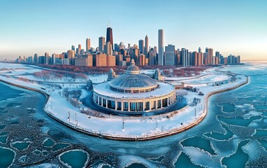 Fototapeta premium A snowy cityscape with a domed building in the foreground and a frozen lake.