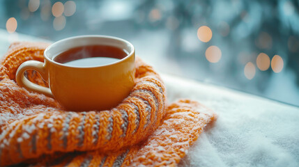 mug wrapped in a scarf, stands on a table on the background of a window / Warming atmosphere of winter holidays