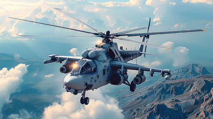 Naklejka premium A attack helicopter in flight on sky. Generative AI.