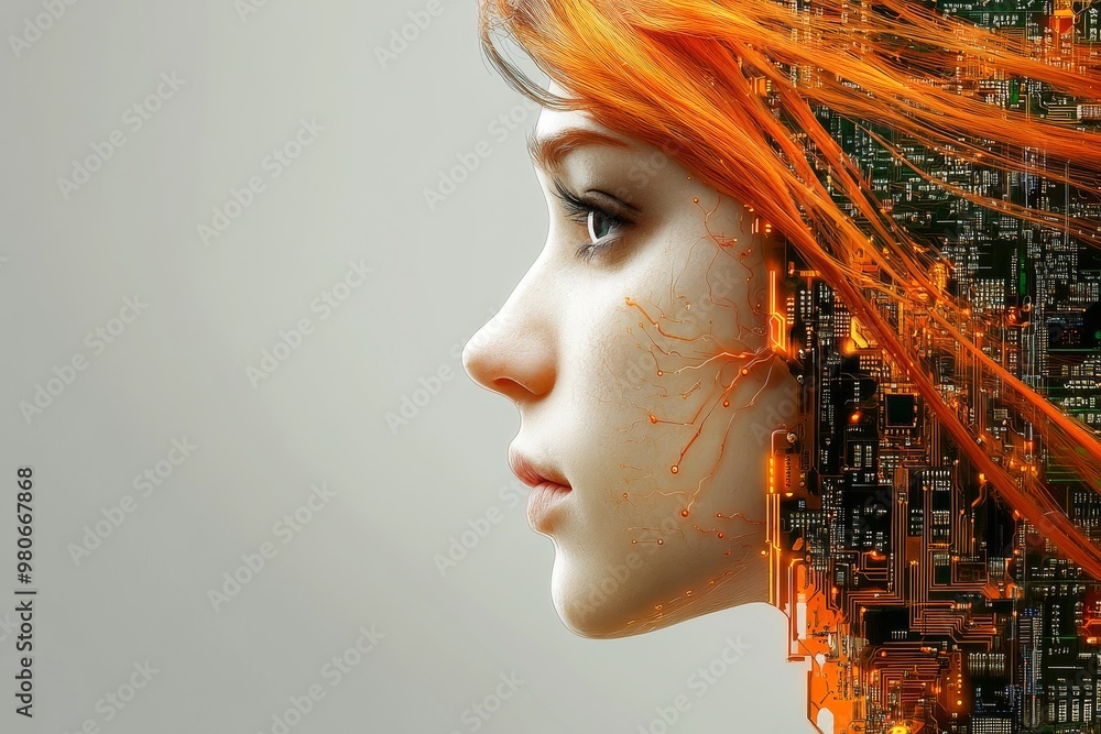 Poster side profile of a young woman with half her face blending into digital circuits symbolizing the merg