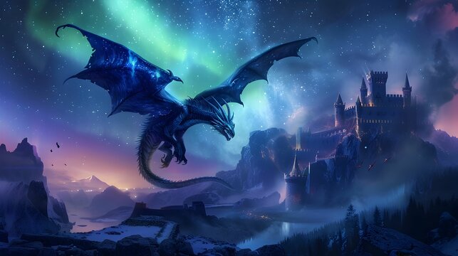 A blue dragon flying over a castle in a fantasy world
