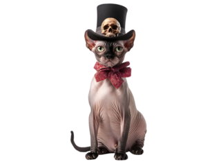 Sphynx cat sitting in Halloween skull themed costume isolated on transparent background PNG